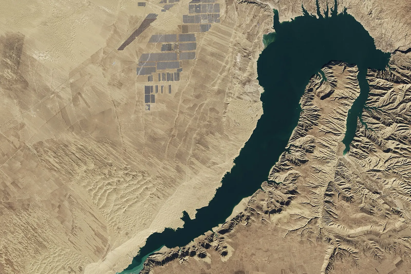 Landsat view of the Longyangxia Dam and its solar park, Qinghai, China