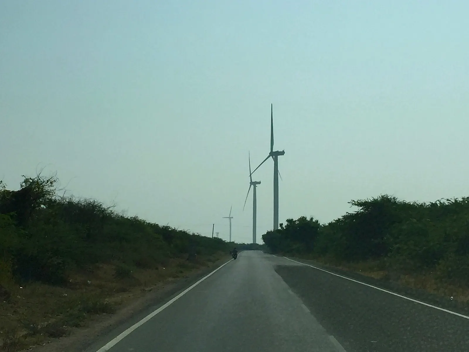 A rural road through a wind farm in Gujarat, India